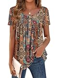 Zeagoo Women's Short Sleeve Shirts Ladies Front Pleated Tops Summer Casual Tunic Blouse Elegant Crew Neck T-Shirts with Buttons Multicolor L
