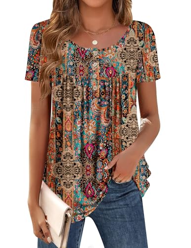 Zeagoo Women Tunic Tops Dressy Casual Summer Short Sleeve Shirts Floral Loose Fit Pleated Boho Top S-XXL