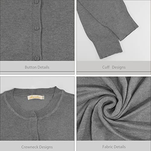 Women's Crew Neck Button Down Long Sleeve Cardigan Sweater Silver Grey #TOP3