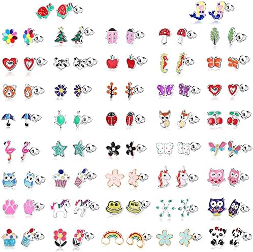 Subiceto 42 Pairs Stainless Steel Stud Earrings for Women Assorted Cute Animal Flower Unicorn Mixed Color Earrings Pack