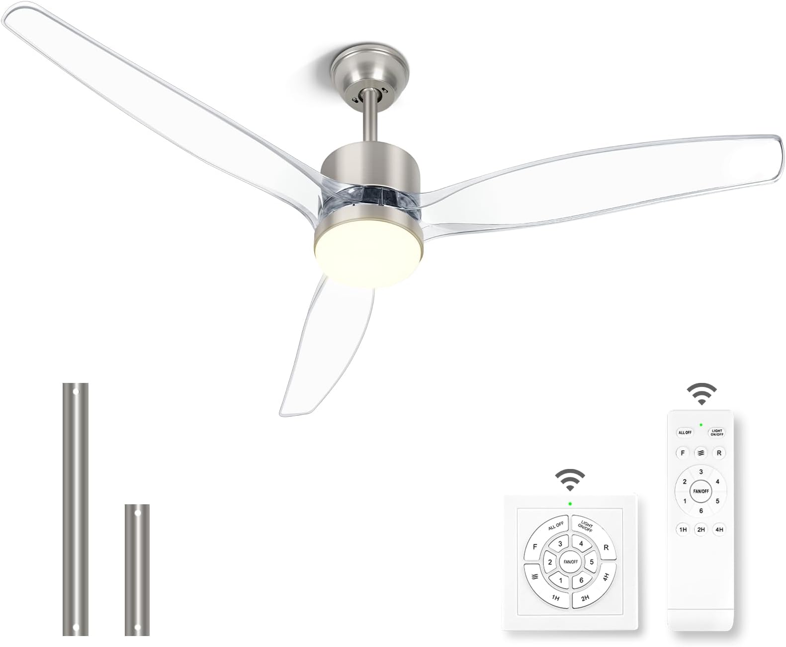 Clear Ceiling Fan with Light, 52 Inch Brushed Nickel Transparent Ceiling Fans with Light and Remote 3 Reversible Blade LED Ceiling Fan and Light Combo for Living Room, Bedroom, Patio