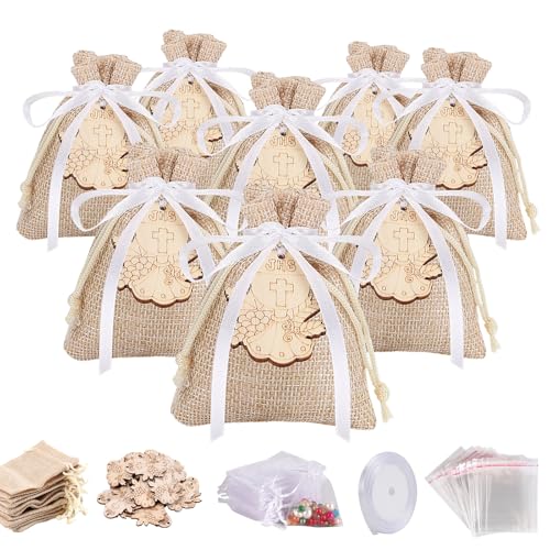 24 peças Sacos de comunhão lembranças batizo detalhes lembranças convidados juta malas de tecido pequenos presentes menina menino sementes comunhão serapilheira, adequado para presentes comunhão para