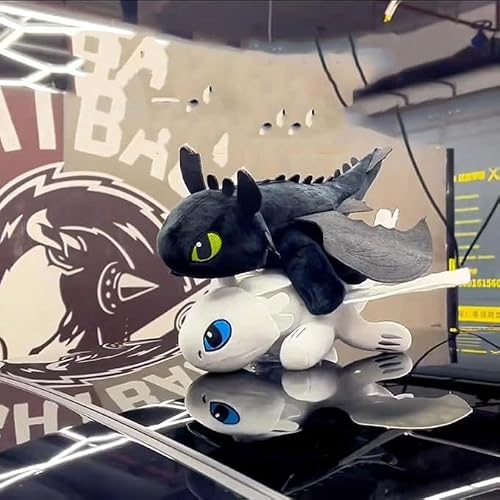JeDoresEvian Toothless Little Dragon Doll, Black and White Double Evil Spirit Doll with Suction Cup, Helmet, car, Motorcycle roof sunroof Decoration(Black)