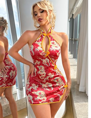 Image of Alrovetoney Sexy Lingerie Fantasy Costume Sexy Series Printed Cut-Out Slit Women's Costume Red S-XXL