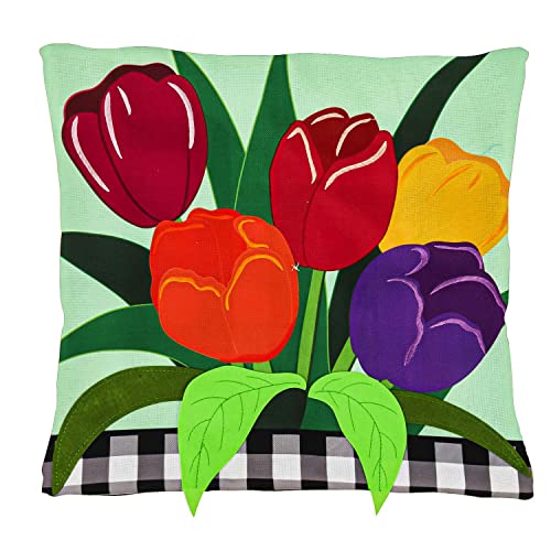 Evergreen Buffalo Check Tulips Interchangeable Pillow Cover- 18 x 18 Inches Home Décor
