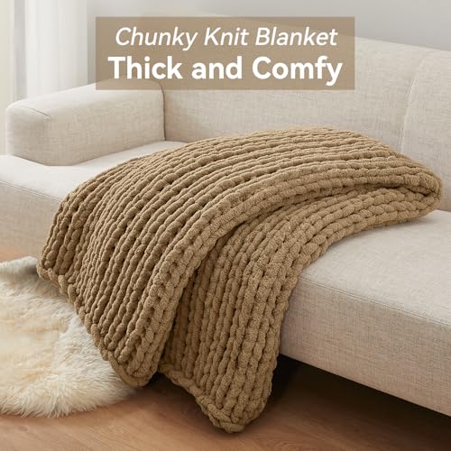 Negwoo Grobstrick-Überwurfdecke, 127,7 x 152,4 cm, Chenille-Garn für Bett, Couch, handgefertigt, hellbraun, gehäkelt, groß, dick… – Ansicht 6