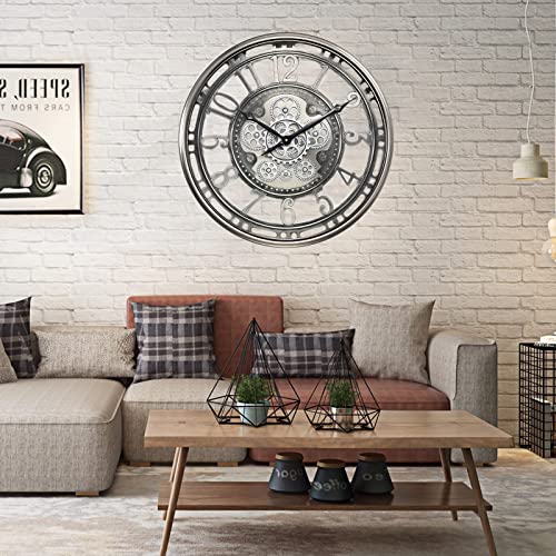 Clxeast Large Wall Clock With Moving Gears, Industrial Steampunk Decorative Big Modern Metal Silent Wall Clock For Living Room Decor, Office, Arabic Numerals, Gunmetal Silver Grey (21 Inch) #TOP6
