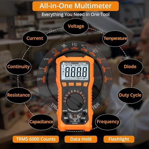 Image of Neoteck 6000 Counts Digital Multimeter 750V AC 1000V DC with AC /DC Current Measurement TRMS Auto Range Voltmeter with NCV, CAT III 600V, Temp /Cap /Freq /Duty /Diode /Cont, Backlit+Flashlight, Complete Kit