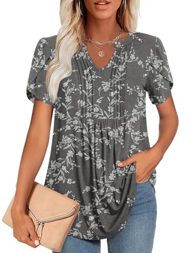 COFNEW Womens 2026 Summer Plus Size Tunic Tops V Neck Dressy Casual Blouse for Work Fashion Pleated Short Sleeve T-Shirts, L, White Carvings-Black