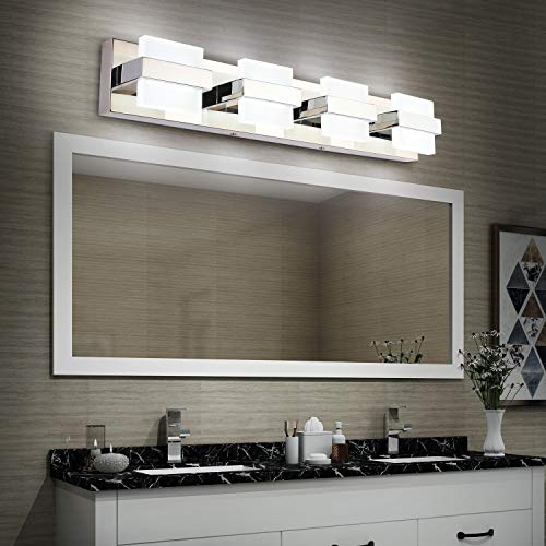 Image of SOLFART 4 Lights Chrome Bathroom Light Over Mirror Modern Bathroom Vanity Light Fixtures Bathroom Lighting Fixtures 27 inch White Light Non Dimmable