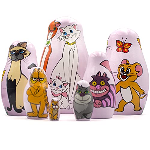 Matryoshkas Russian Nesting Dolls Cats From Disney Cartoons Set 7 Pcs Wooden Toy #TOP1