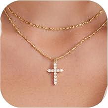 Cross Necklace for Women, Dainty 14K Gold Plated Cubic Zirconia Layered Pendant Necklace Adjustable Paperclip Chain Simple Cute Faith Jewelry Gifts for Women First Communion Baptism Birthday Christmas