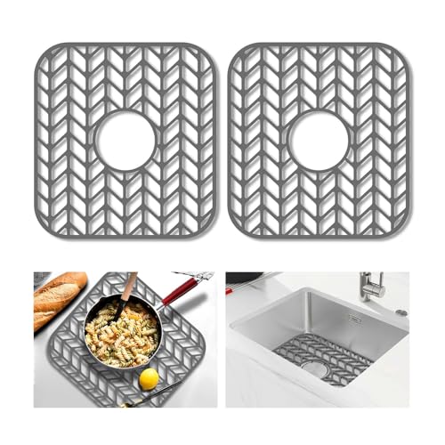 Image of GUUKIN Sink Protectors for Kitchen sink, 12.25 inchx 11.5 inch Folding Non-slip Silicone Sink Mat Grid for Bottom of Farmhouse Stainless Steel Porcelain with Central Hole Pack of 2