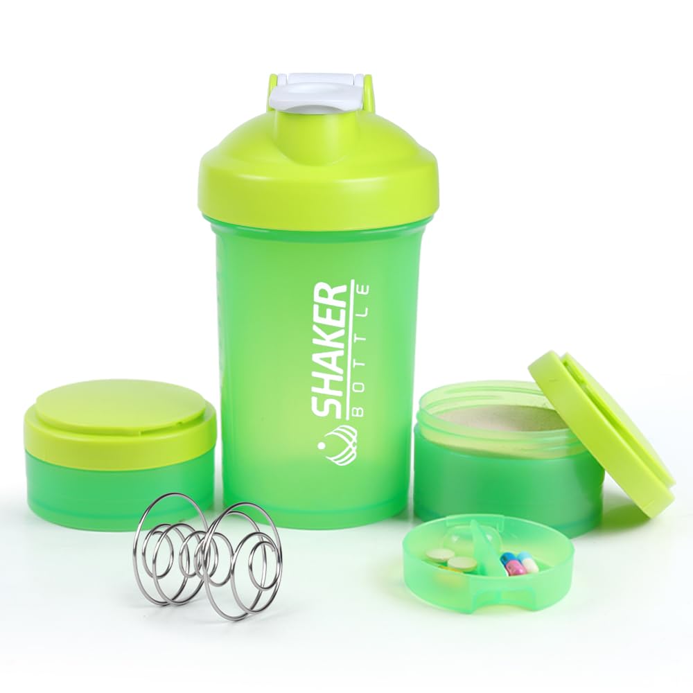 VECH 16oz (500ml) Protein Shaker Bottle with Mixing Ball, Leakproof Gym Shaker Cup for Protein Shakes & Smoothies - Includes Detachable Powder Storage & Pill Tray - BPA-Free, Dishwasher Safe（Green）
