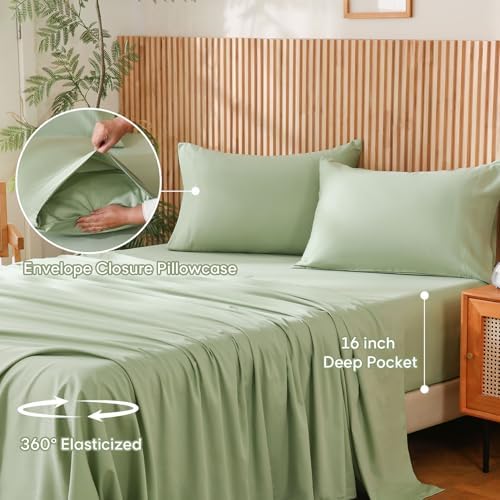 JSD 100% Cotton Sage Green Sheet Set Queen, 300 High Thread Count Sateen Bed Sheets Deep Pocket Soft Breathable - Thumbnail 4