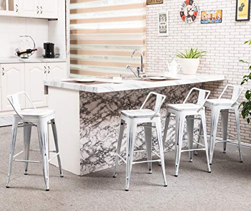 Image of Yongchuang 26 inch Industrial Metal Barstools Set of 4 Counter Height Bar Stools with Back (Wood Top Low Back, Distressed White)