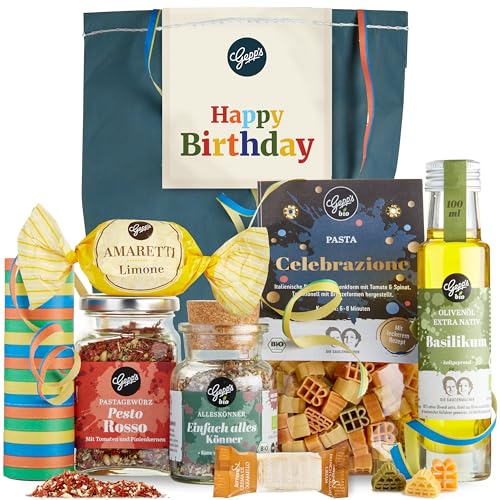 Happy Birthday Geschenkset - Gepp’s Feinkost I Überraschungstüte gefüllt mit handgemachter Pasta, Pesto-Bärlauch Gewürz, Bio Alleskönner Gewürz & Basilikumöl I Gourmet Geschenk-Set