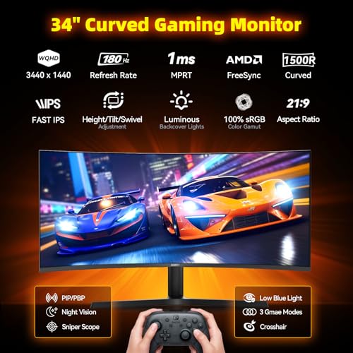 Image of 34 Inch Ultrawide Gaming Monitor - 21:9 WQHD 3440 x 1440 R1500 Curved Computer Monitor for Gamer, 180Hz,1ms, AMD FreeSync, PIP /PBP, Crosshair, TUV Eye Care, HDMI 2.0 & DP1.4, Tilt /Height /Swivel Stand