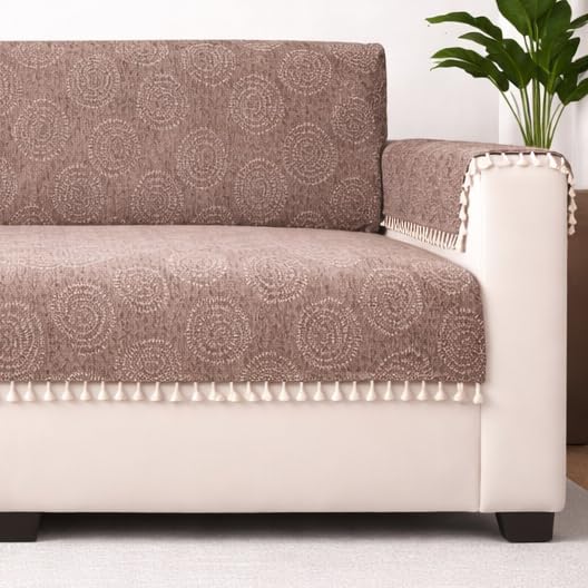 Image of STITCHNEST Woven Fabric Sofa Cover 2 Seater with 2 Hand Rest Covers - Washable Beige Sofa Cover with Tassels - Durable Premium Fabric - Stylish Sofa Protector for Living Room & Furniture Decor
