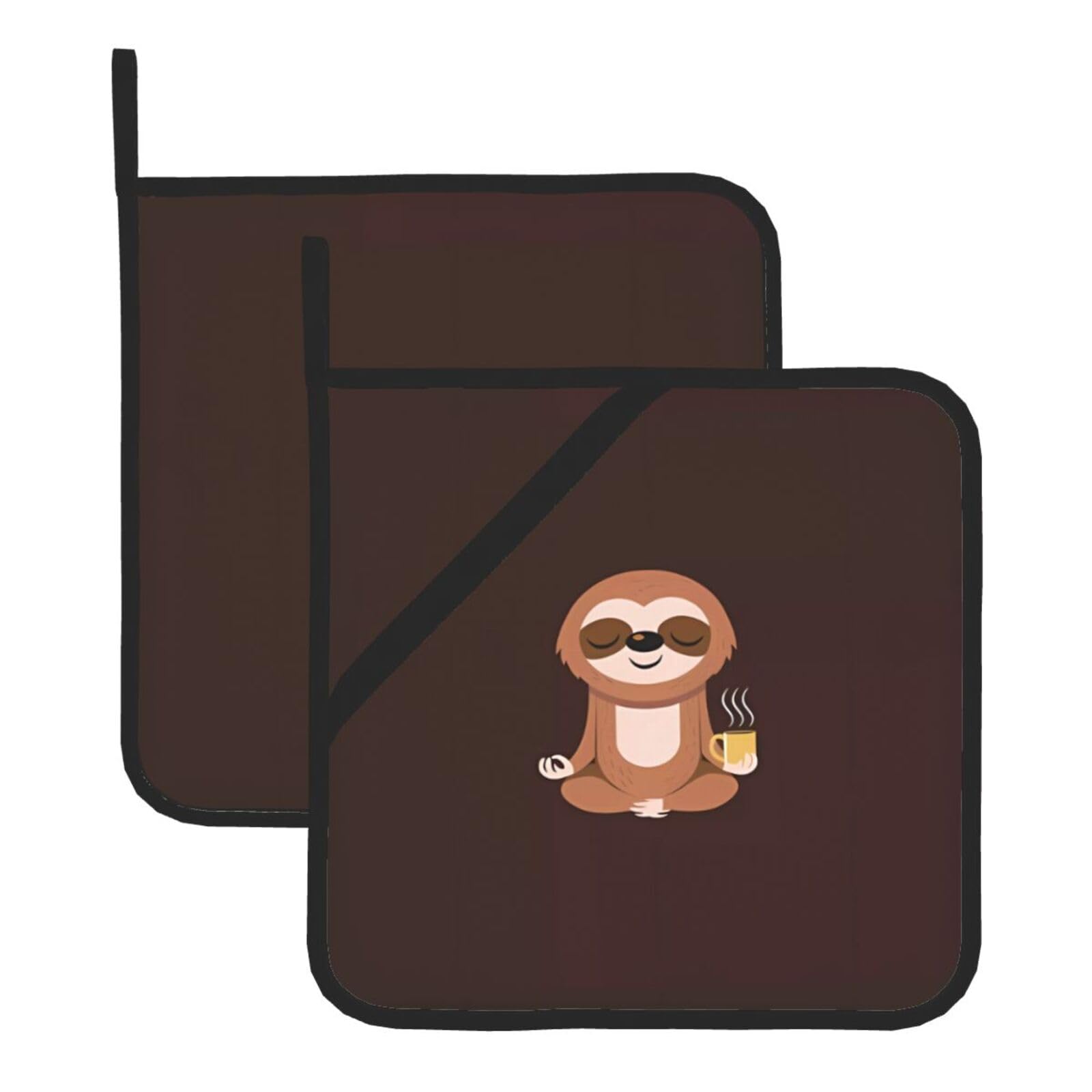 WHJSSF Yoga Sloth Coffee Prints Square Hot Pads for Kitchen Counter - Waterproof Trivets with Hanging Loop, Thick Pot Covers for Serving, Oven & BBQ - Set of 2 (1 with Pocket)