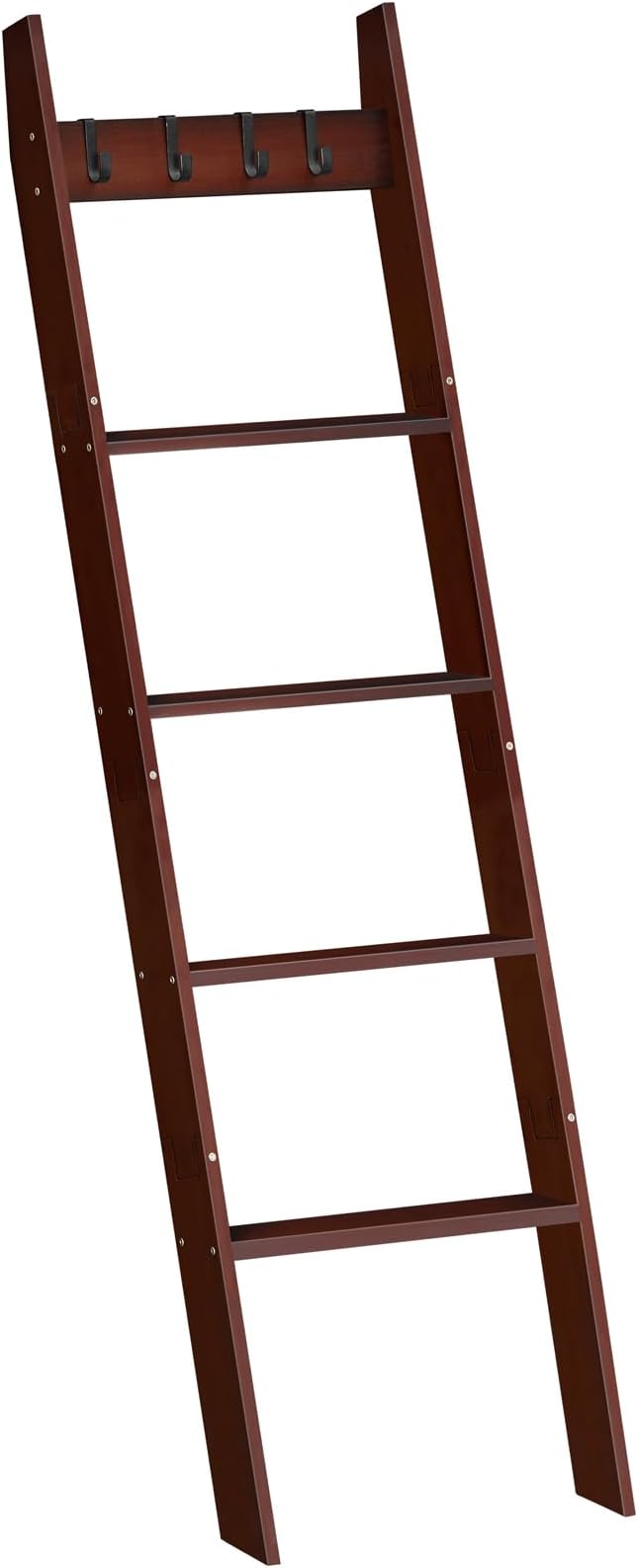 HOOBRO Blanket Ladder for Living Room and Bedroom, 5-Tier Wall Leaning Towel Rack for Bathroom, Decorative Ladder Shelf with 4 Removable Hooks, Farmhouse Blanket Storage, Mocha MA51CJ01G1