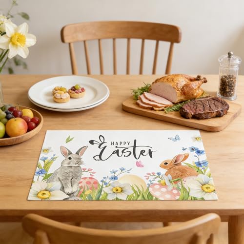 MOAZIFI 4 Stück Tischset Ostern, Osterndeko Tisch, Hasen Eier Blumen Motiv, Ostergeschirr, Ostertischdecke für Deko Frühling, Party, Feier, Esstischdekoration Drinnen Urlaub Party Deko 45x30CM