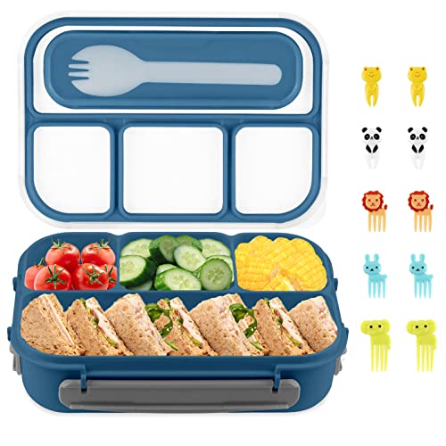 Bento Box for Kids Adult, BentoMoment Leak Proof Kids Lunch Box with 4 Compartments, 5 Cup Bento Boxes with Fork, Microwave Safe Lunch Containers for Adults/Toddler, Blue
