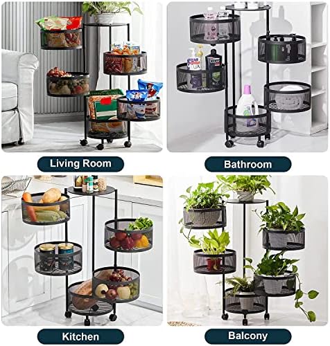 ybaymy Rotating Storage Rack 5 Layers Kitchen Vegetable Storage Shelf with wheels Multi-Layer Round Layered Shelf No Need to Install for Kitchen, Bathroom, Living Room, Office
