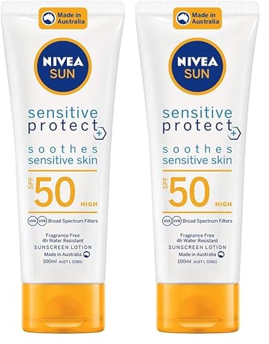 NIVEA SUN Sensitive Protect Sunscreen Lotion SPF 50 100ml | With Soothing Aloe Vera, Chamomile & Vitamin E | Sunscreen for Sensitive Skin | 4-Hour Water Resistant | UVA/UVB Protection (Pack of 2)