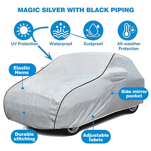 Image of Sulfar 100% Waterproof Car Body Cover Compatible with Mirror for SsangYong Rexton (Triple Stitched, Full Bottom Elastic, Magic Silver with Black Piping)