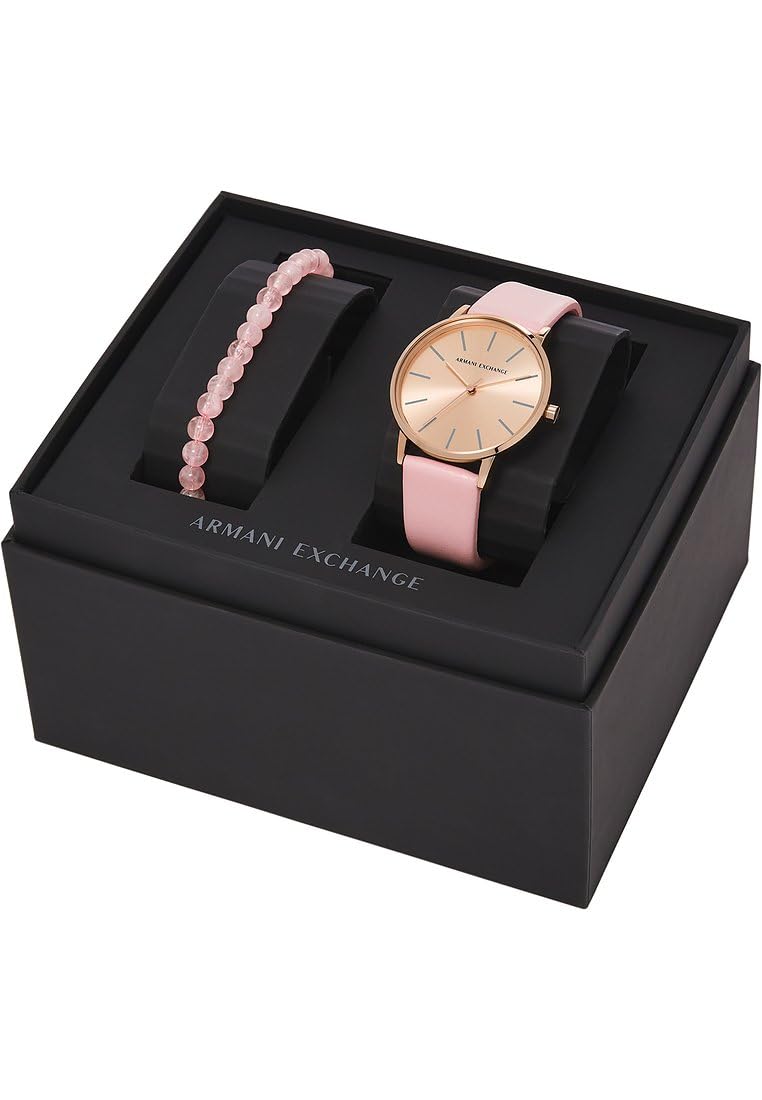 Armani Exchange Montre pour Femmes, Mouvement à Quartz et boîtier de 36 mm avec Bracelet en Acier Inoxydable, en Cuir ou en Silicone, Ensemble Rose pâle et Or Rose, 36MM