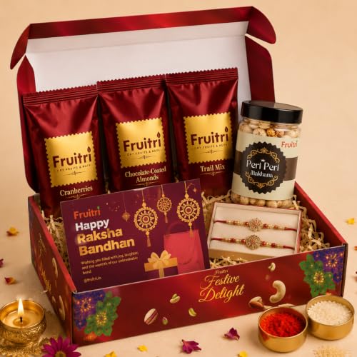 Image of Fruitri Premium Rakhi Gift Hamper for Brother - Complete Rakshabandhan Combo with 2 Rakhis, Chocolate Almonds, Trail Mix, Cranberries - 300g, Peri Peri Makhana, Roli Chawal & Greeting Card