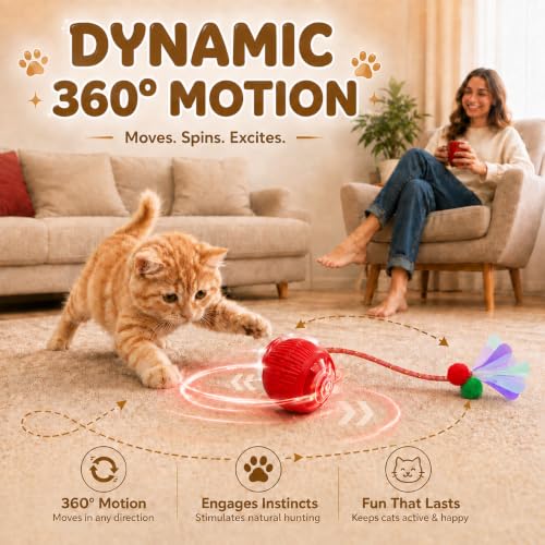 Pack-4 Interactive Cat Toys, Motion-Activated Rolling Ball with Shiny Moving Tail,Smart Automatic Cat Chase,Auto Rotating,USB-C Rechargeable, Self Play Toy for Indoor Cats, Kittens & Puppies. - Image 5