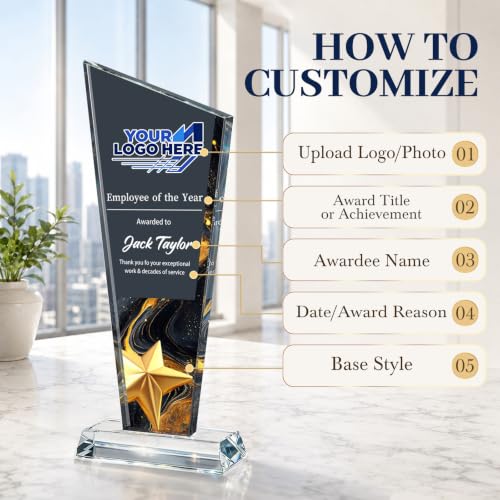 Image of Custom Crystal Trophy Award Personalized Plaque Award with Text Logo Photo Awards Trophies for Employee Recognition Team Graduation Personalized Office Gifts for Boss Coworker Teacher