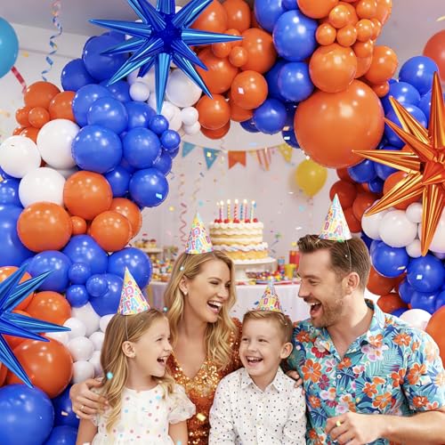 Image of Blue and Orange White Balloon Arch Kit, 145Pcs Royal Blue Orange WhiteBalloon Garland kit, Different Size Balloons for Girl Birthday Anniversary Baby Shower Graduation Prom Party Decorations