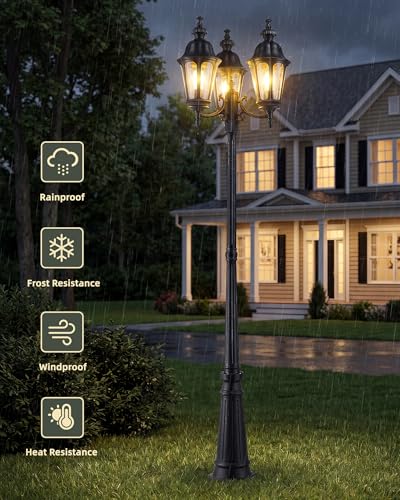 Image of HWH 98 Inch Outdoor Lamp Post Light, Seeded Glass, Waterproof, 5HW90PL-3 BK | Aluminum, Black, 3-Head Pole Light Fixture, Street Light for Garden, Driveway and Yard, Built For Exterior Weather Exposure