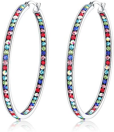 CiNily Ladies Earring Hoops-Stainless Steel Hoop Earrings for Women Rainbow Hoops Mult-colors Cubic Zirconia Large Big Hoop Earrings 2"