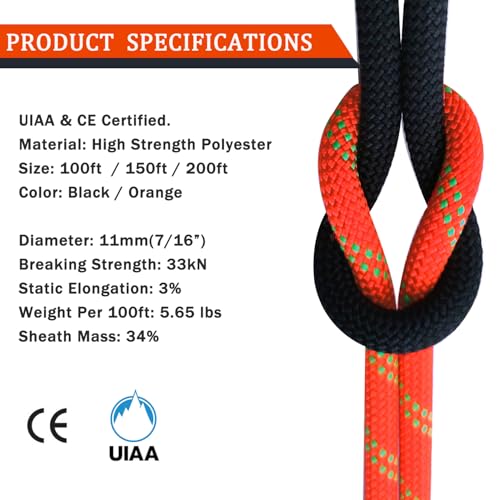 Ritafc Static Climbe Rope Rappelling Ropes 150FT(46M) UIAA Static Line Nylon Kern Mantle Rope for Mountain Tree Climbe, Hauling, Rescue