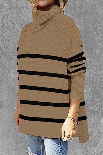 Image of Women's Turtleneck Oversized Sweaters Long Sleeve Split Hem Striped Knit Pullover Tops