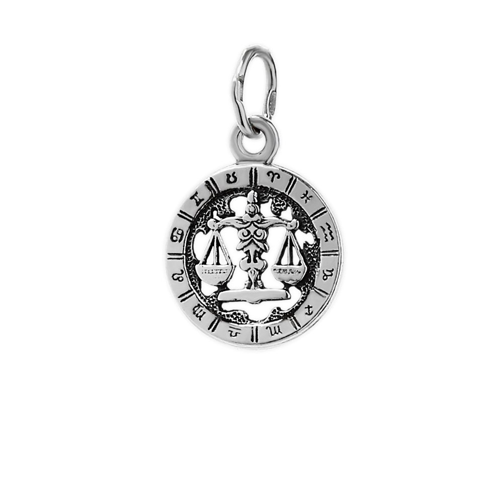 Ciondolo Bilancia In Argento 925 - Segno Zodiacale Ossidato Con Taglio Diamante, Diametro 18 Mm