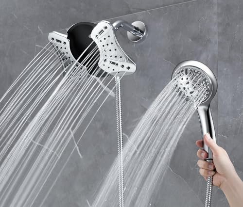 Image of GRICH Shower Head with Handheld Spray - Dual High Pressure Showerhead | Rainfall Shower Heads Combo, Detachable Hand Shower, 9 Spray Settings, 60 inch Stainless Steel Shower Hose, 2.5GPM, Silver