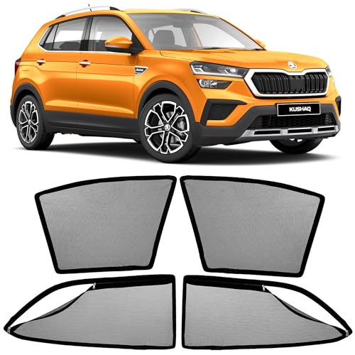 Image of AutoStory Magnetic Car Sunshade for Skoda Kushaq | Front Half Cut for Mirror Visibility + Rear Full Coverage with Zipper | Heavy Heat & UV Protection | Privacy Side Window Curtains Shades