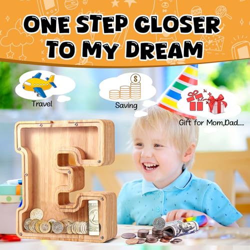 Image of UBeesize Large Piggy Banks Twenty-Six English Alphabet Letter for Boys Girls, Wooden Personalized Bills and Coins Bank Money Box,DIY Name Birthday Gift,Bedroom Living Room Decoration(P)