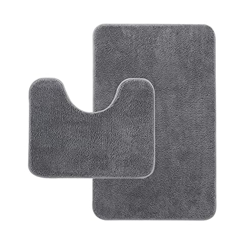 Rururug Bath Mat Sets 2 Piece Washable Microfiber Bathroom Mats New Point Plastic Non-slip Bottom Bath Rug and Toilet Mat Set (Grey, 50x80cm+50x40cm) Cover