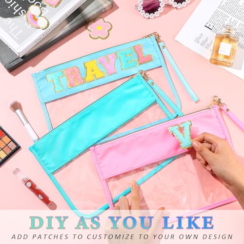 Sanwuta 3 Pcs Clear Zipper Pouches - Nylon Makeup Bags Cosmetic Travel Toiletry with Zipper, Preppy PVC Flat Pouch for Women Girls(Pink, Green, Blue)4