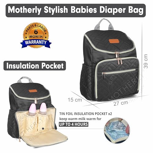Image of Motherly Diaper Quilted Diaper Bag for Mothers for Travel with Changing Mat - Spacious Diaper Bags for Mom | Baby Bag with Multi-Pocket Design | Maternity Bags for Mother and Baby (Black)
