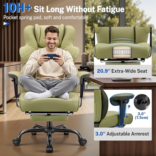 Image of FelixKing Big and Tall Office Chair 500lbs - Ergonomic Desk Chair with Footrest, Scratch-Resistant PU Leather Computer Chair, 4D Lumbar Support Gaming Chair, Comfy Reclining Swivel Work Chair, Green