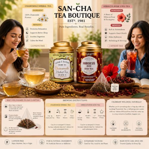 Image of Sancha Tea Boutique, Tea Combo Pack: Chamomile Herbal (50g) & Hibiscus Rose Iced (15 Pyramid Bags), Caffeine-Free Herbal Tisanes, No Added Sugar, Refreshing Floral Iced Drink