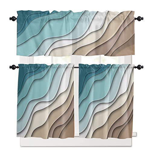 BestLives 3 Piece Kitchen Curtains Set Teal Blue Modern Geometric Window Treatment Tiers Brown Abstract Ocean Wave Rod Pocket Valance Sets for Kitchen Small Windows Bedroom 54 in x 24 in