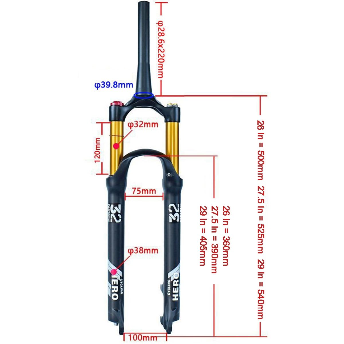 Horquilla Delantera de Aire para Bicicleta de montaña de 26, 27.5 y 29 Pulgadas, Compatible con Frenos de Disco, Tubo de dirección cónico sin Rosca de 1 1/2", Recorrido de 120 mm,